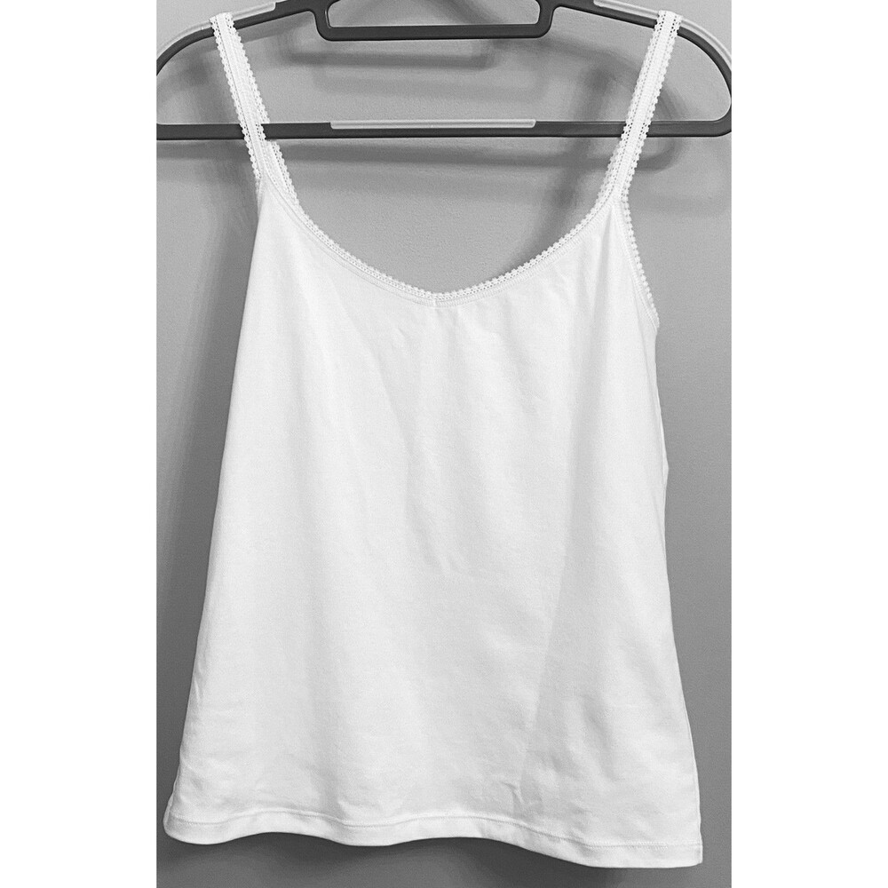 On Gossamer 1427 Bright White Cotton Camisole Cami Shirt Lace Trim Soft Large